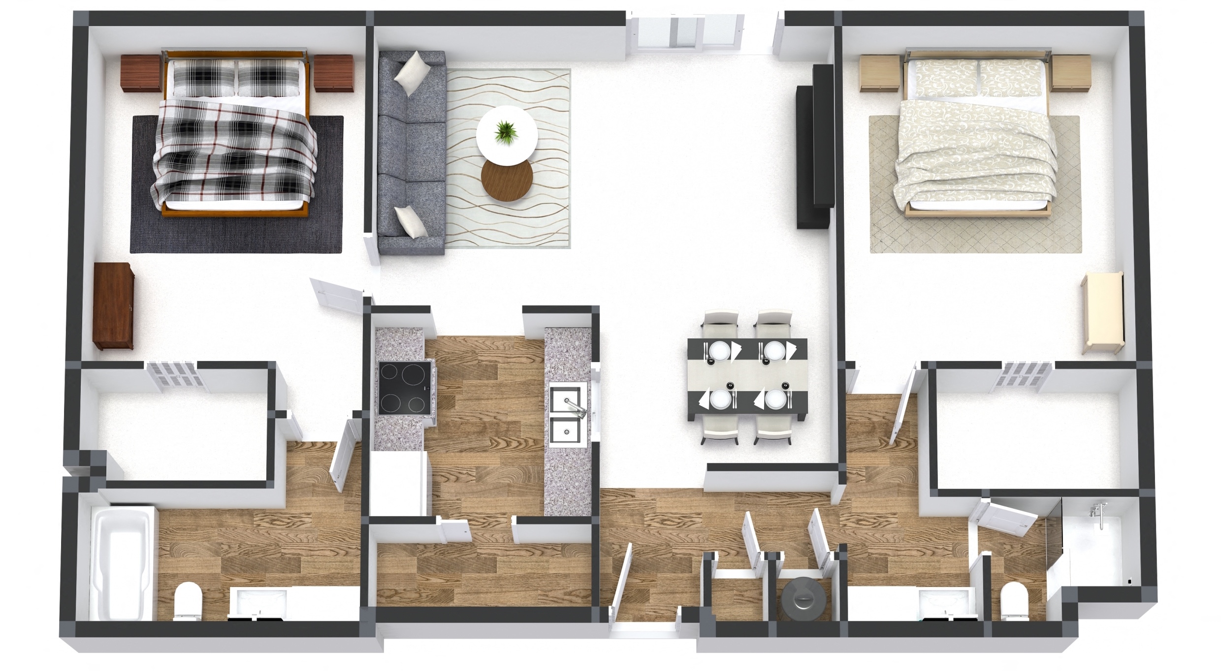 Floor plan for 2 beds, 2 baths, 1075 sqft